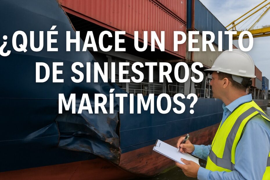 Inspector marítimo con chaleco y casco revisando daños en el casco de un buque y contenedores en puerto